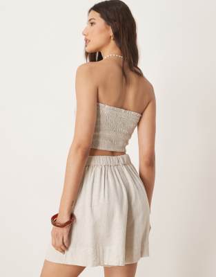 asos design isabel mix & match linen look shirred bandeau beach top in natural