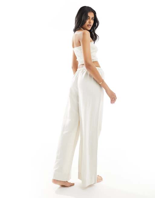 ASOS DESIGN Isabel mix & match linen look tie waist beach pants in neutral, 4 of 5