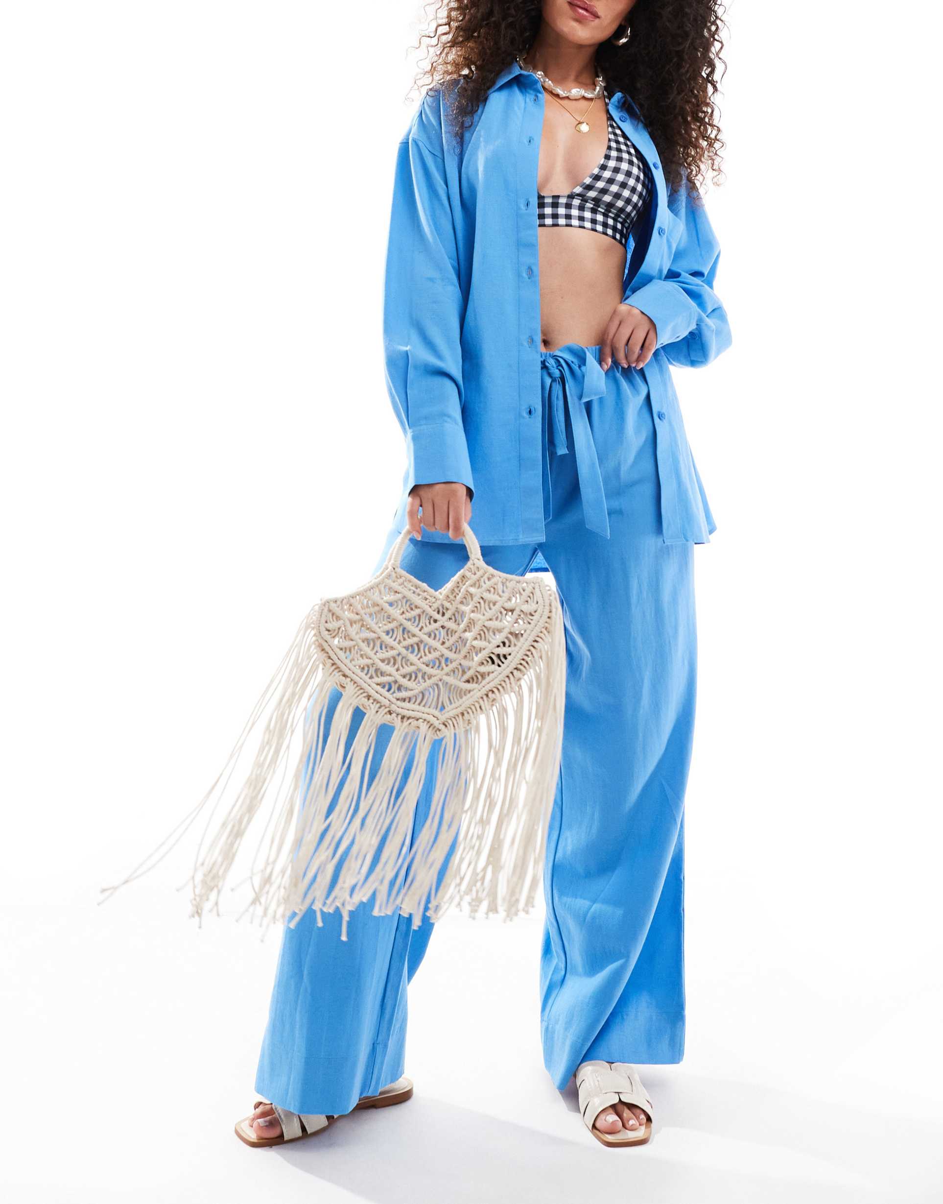 asos design isabel mix & match linen mix oversize beach shirt in blue