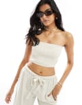 [ASOS DESIGN] ASOS DESIGN Isabel Mix & Match linen mix shirred bandeau beach top in neutral 18 Neutral
