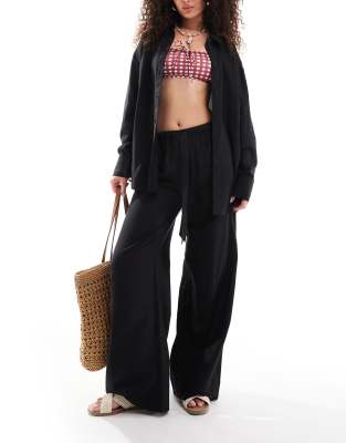 Isabel mix & match linen mix tie waist beach pants in black