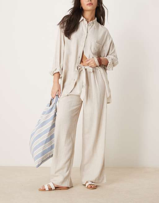 ASOS DESIGN - Isabel Mix & Match - Pantaloni da mare allacciati in vita in misto lino colore naturale