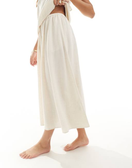 ASOS DESIGN – Isabel – Mixa & matcha – Beige, a-linjeformad strandkjol av linneliknande tyg i midilängd