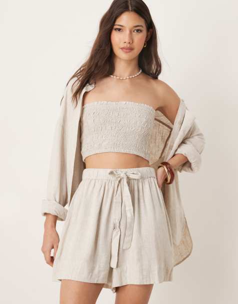 ASOS DESIGN – Isabel – Mixa och matcha – Beige, smockad strandtopp i bandeaustil och linnemix - view 1