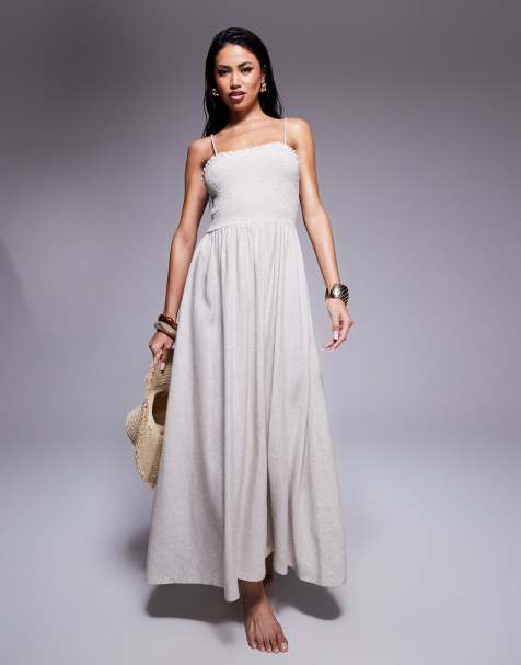 ASOS DESIGN – Isabel – Neutral, smockad strandklänning i bandeaustil och linnemix - view 1