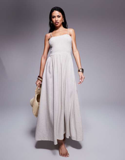 ASOS DESIGN - Isabel - Vestito da mare a fascia in misto lino colore naturale con arricciature