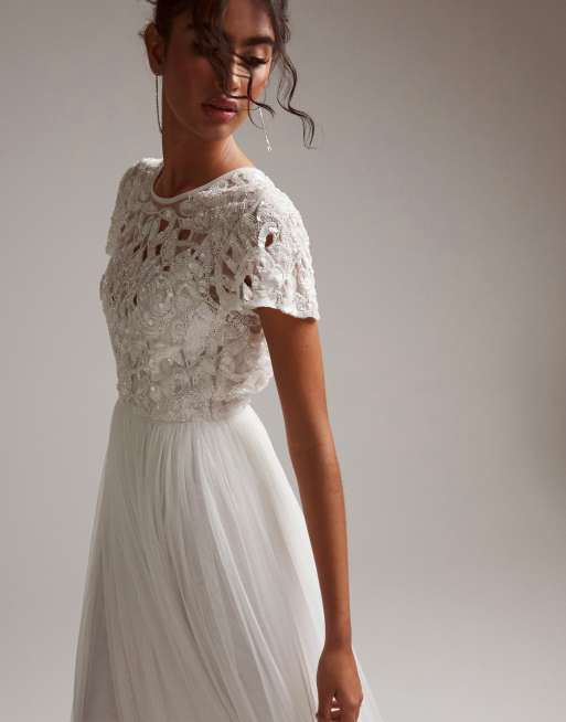 ASOS DESIGN Isabelle Robe de mariee longue a sequins avec corsage ajoure et mancherons