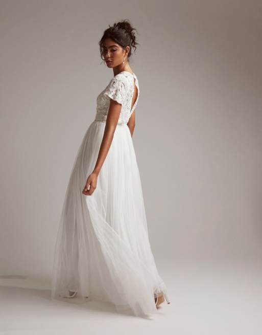 ASOS DESIGN Isabelle Robe de mari e longue sequins avec corsage ajour et mancherons