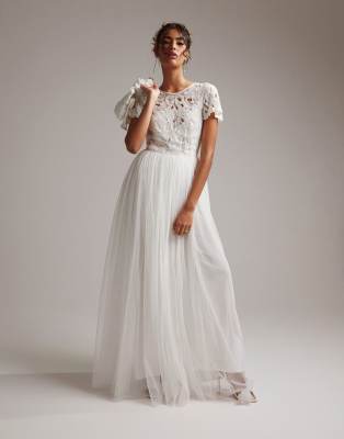 ASOS DESIGN Isabelle sequin cutwork bodice maxi wedding dress with cap  sleeve in ivory-White