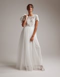 [ASOS DESIGN] ASOS DESIGN Isabelle sequin cutwork bodice maxi wedding dress with cap sleeve in ivory-White 4 Ivory