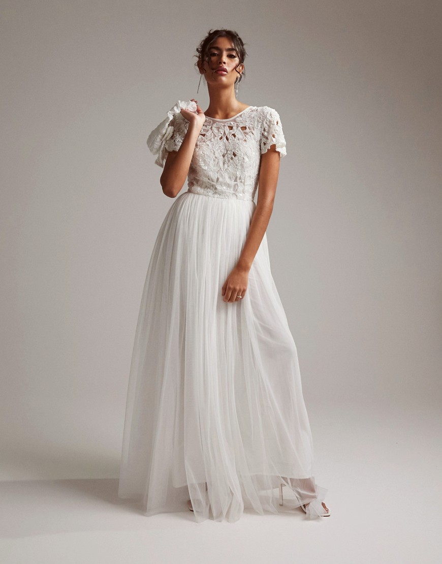ASOS DESIGN Isabelle sequin cutwork bodice maxi wedding dress with cap sleeve in-White