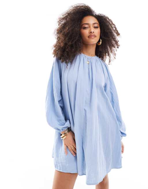ASOS DESIGN – Isblå, a-linjeformad miniklänning i dubbel väv