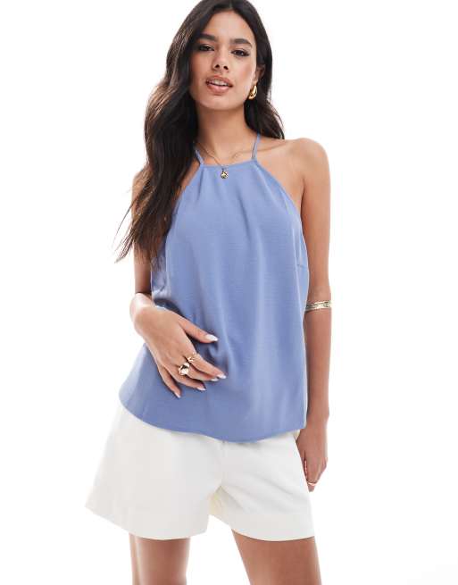 ASOS DESIGN - Isblå cami-top med halterneck og tynde stropper på ryggen i cupro