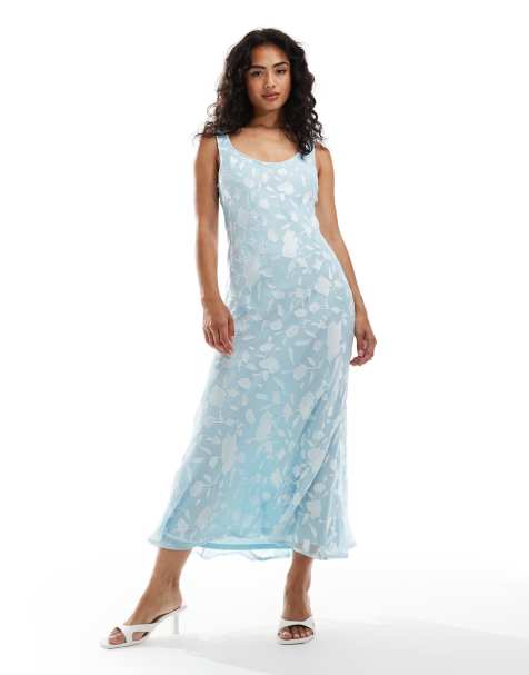 ASOS DESIGN - Isblå slip-midikjole med dyb rund hals og burnout-print - view 1
