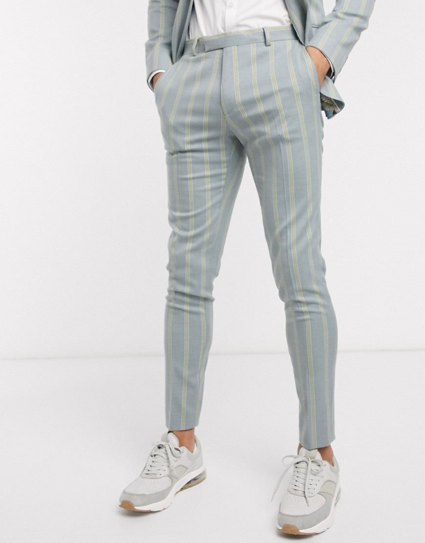 ASOS DESIGN – Isgrå kostymbyxor med extra smal passform och gula ränder