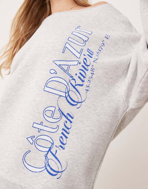 ASOS DESIGN - Isgråmeleret ooversized offshoulder-sweatshirt med 'French Riviera'-grafik, 3 af 4