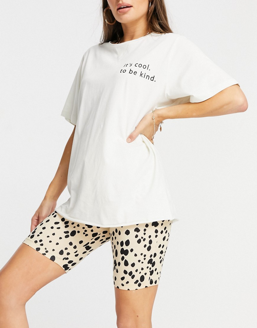 ASOS DESIGN it's cool to be kind oversized tee & legging shorts set in cream & leopard print-Multi