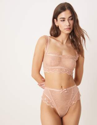 ASOS DESIGN - Ivy - Brasilianischer Slip aus durchgängiger Spitze in Pfirsich mit hoher Taille-Rosa