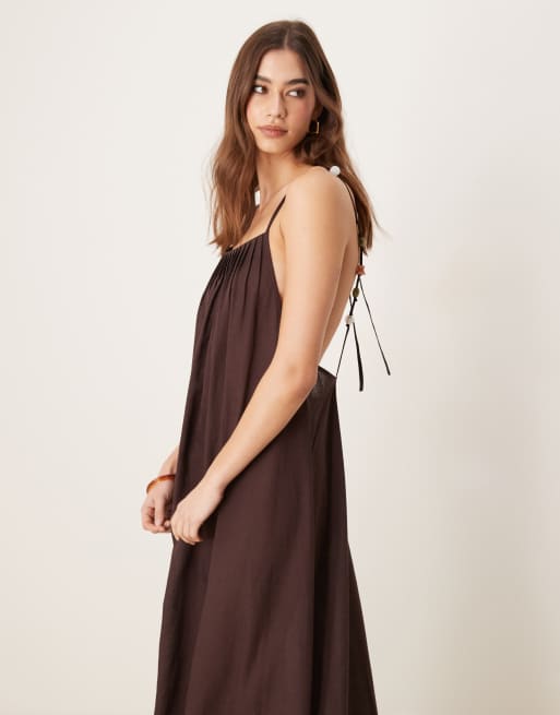 ASOS DESIGN Ivy linen blend maxi beach dress with bead and back detail in brown