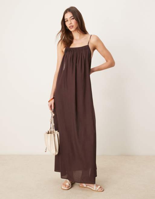 ASOS DESIGN Ivy linen blend maxi beach dress with bead and back detail in brown