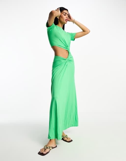 ASOS DESIGN – Jabłkowozielona sukienka T-shirtowa maxi z wycięciem na plecach i marszczeniem