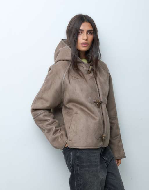 ASOS DESIGN jack met capuchon, borg en toggles in mink, 3 van 4