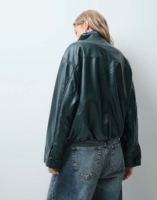 ASOS DESIGN jack met leerlook en opstaande kraag in donkergroen, 5 van 5