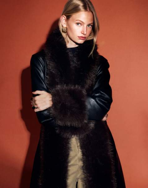 ASOS DESIGN jack met leerlook, lang model en faux-fur afwerking in zwart - view 1
