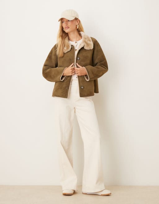 ASOS DESIGN - Jack van gebonden imitatiesuède met opstaande boord in kaki, 2 van 4