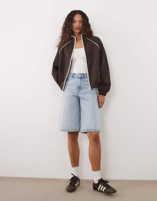 ASOS DESIGN - Jack van interlock met opstaande boord, rits en contrasterende biezen in chocoladebruin, 3 van 4
