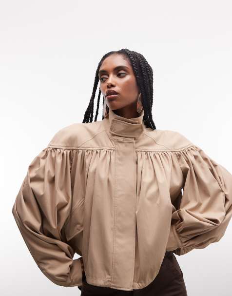 ASOS DESIGN jacka i croppad trenchmodell med rynkad axel i stenfärg - view 1