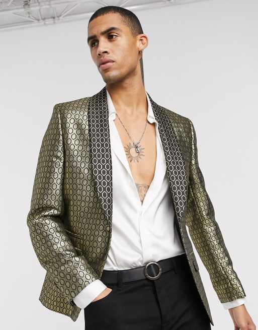 ASOS DESIGN – Guldfärgad smokingjacka i diamantmönstrat jacquard med smal passform, 2 av 3
