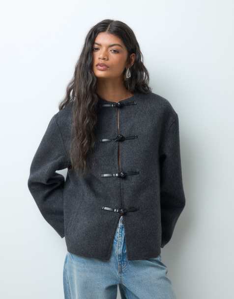 ASOS DESIGN jacka i ullmix utan krage med frogknäppning i charcoal - view 1