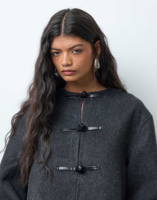 ASOS DESIGN jacka i ullmix utan krage med frogknäppning i charcoal, 2 av 5