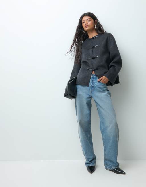 ASOS DESIGN jacka i ullmix utan krage med frogknäppning i charcoal, 3 av 5