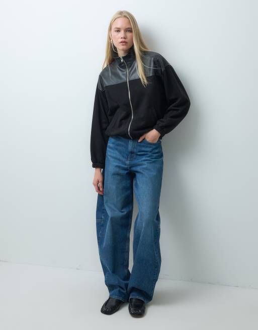 ASOS DESIGN jacka med ståkrage och dragkedja samt PU-panel i svart, 3 av 4