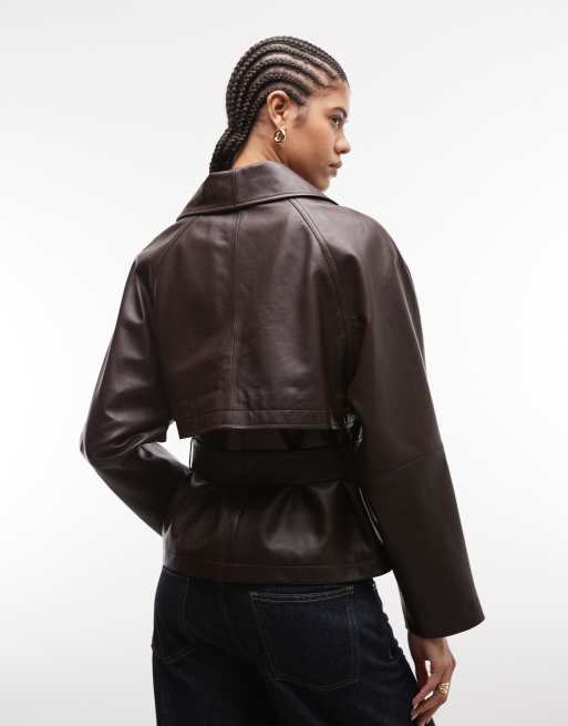 ASOS DESIGN – Jacke aus echtem Leder in Burgunderrot mit Bindegürtel, 4 von 4
