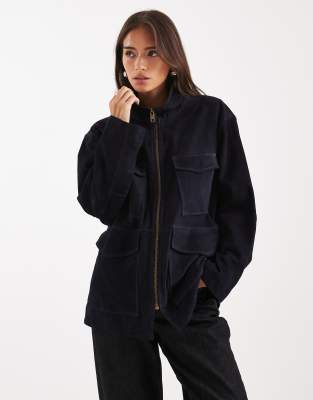 ASOS DESIGN - Jacke aus echtem Wildleder in Marineblau