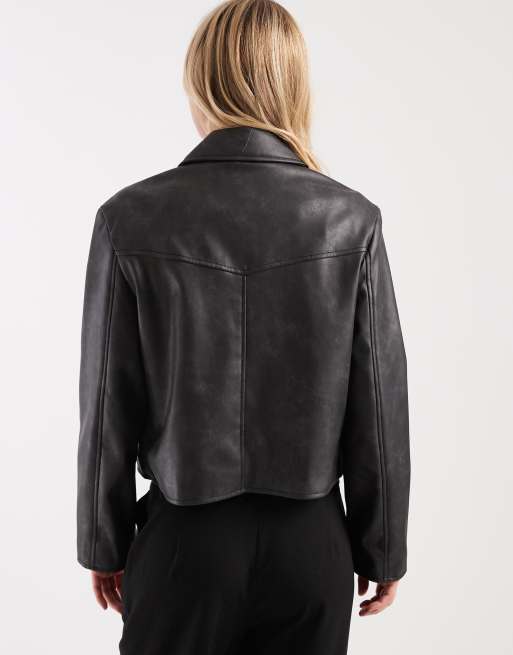 ASOS DESIGN – Jacke aus Kunstleder in verwaschenem Schwarz mit Kragen, 4 von 4