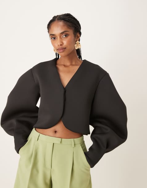 ASOS DESIGN – Jacke aus neoprenartigem Material in Schwarz mit sehr voluminösen Ärmeln - view 1