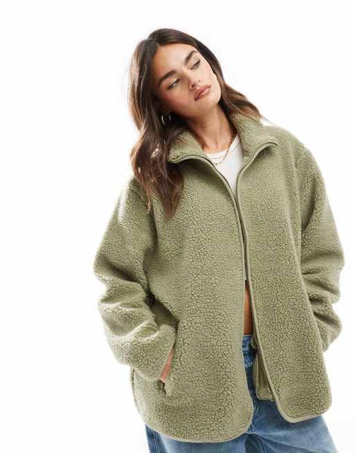 ASOS DESIGN Jacke aus Teddy Fleece in Salbeigrun mit ReiBverschluss ASOS