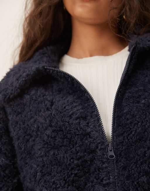 ASOS DESIGN – Jacke aus Teddyfell in Chenille-Optik in Marineblau mit Reißverschluss, 4 von 4