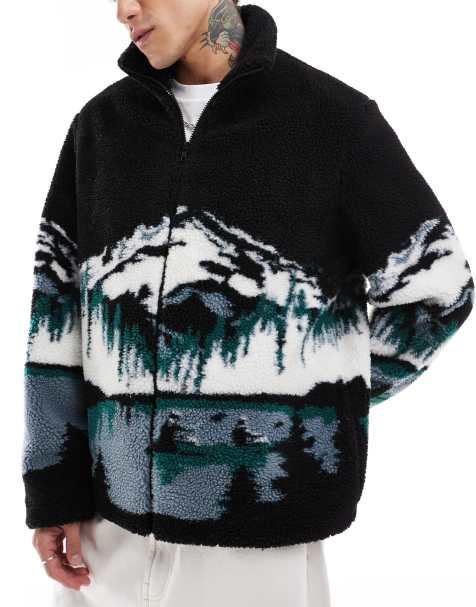 ASOS DESIGN – Jacke aus Teddyfell in Schwarz mit Landschaftsprint - view 1