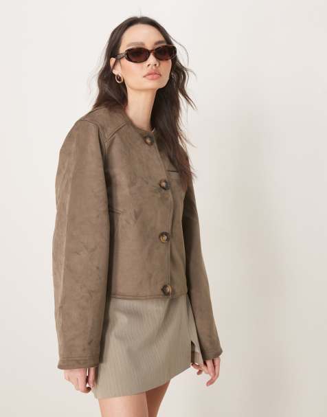 ASOS DESIGN – Jacke aus Wildlederimitat in Pilzbraun ohne Kragen - view 1