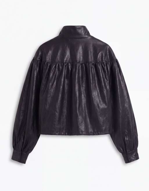 ASOS DESIGN Jacke in Lederoptik mit gerafften Schultern in Schwarz, 6 von 8