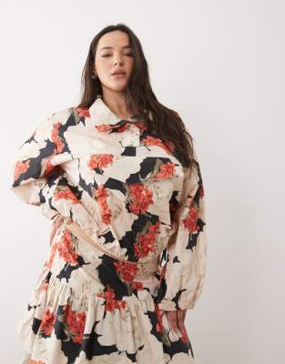 ASOS DESIGN - Jacke in Rot mit Blumenmuster, aufgesetzten Taschen und Stehkragen, Kombiteil-Mehrfarbig Mehrfarbig 3XL