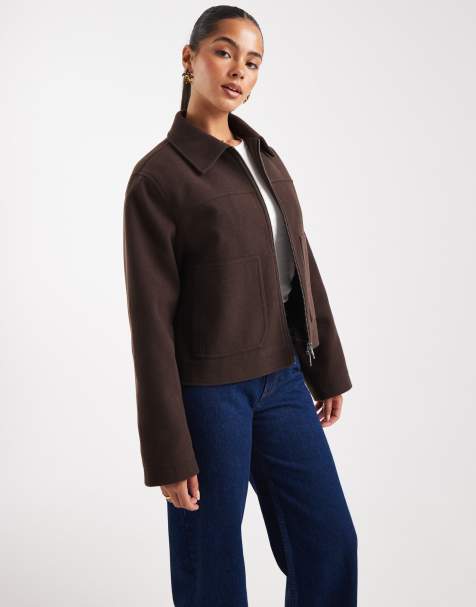 ASOS DESIGN – Jacke in Schokobraun mit Kragen und Reißverschluss - view 1