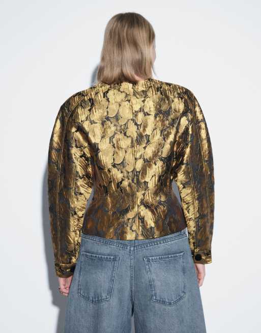 ASOS DESIGN Jacke mit Cocoon-Ärmeln in Gold-Jacquard, 3 von 4