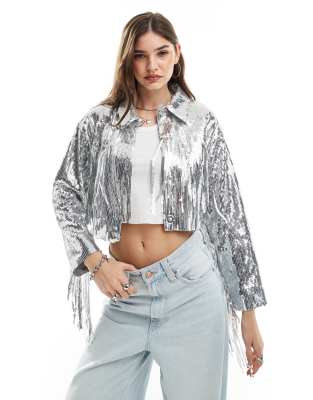 ASOS DESIGN - Jacke mit Fransen und Paillettenbesatz in Silber