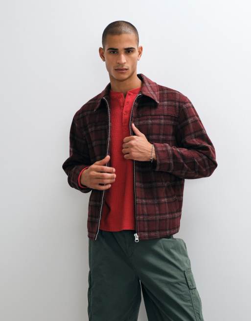 ASOS DESIGN Jacke mit Reißverschluss in Burgunderrot kariert in Wolloptik, 2 von 5